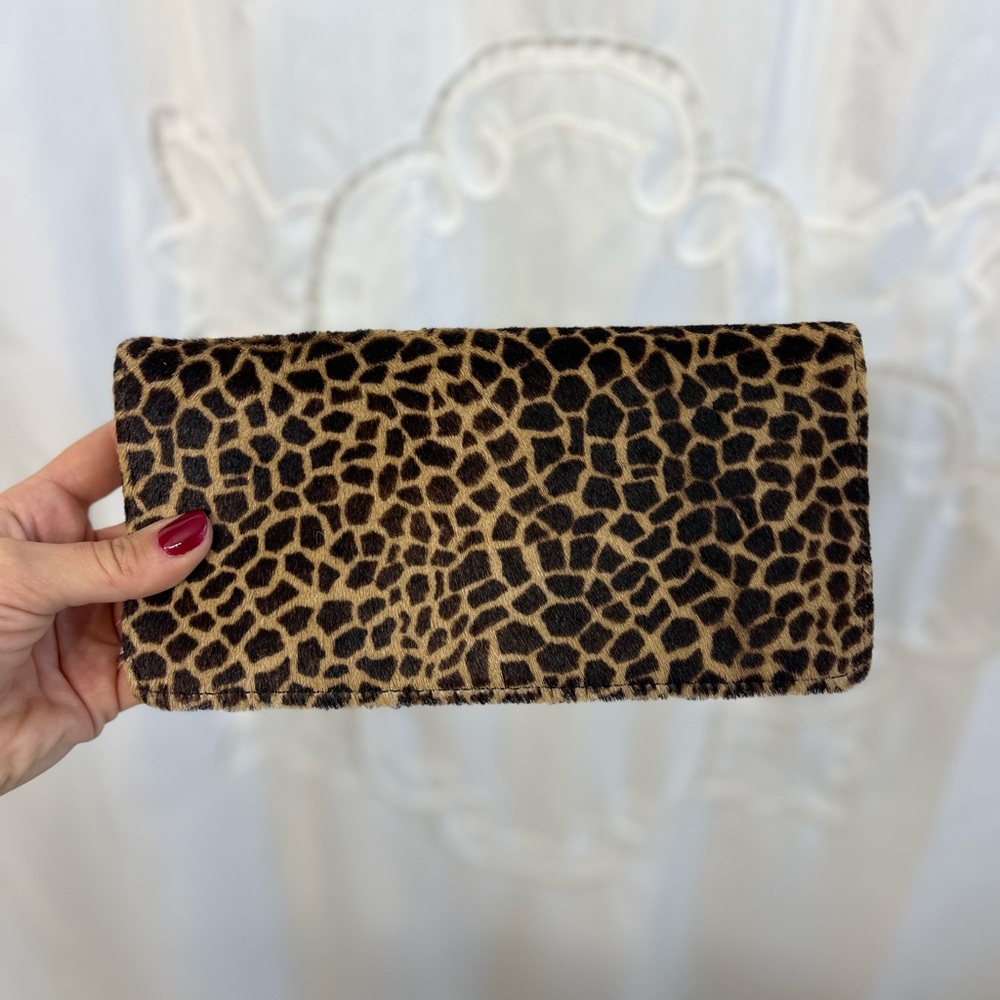 ABS Allen Schwartz Leopard Calf Hair Leather Clutch Wallet Animal Print